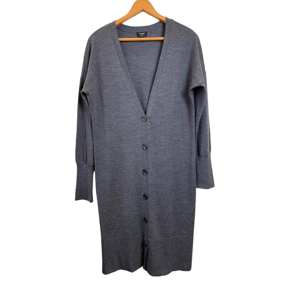 Talbots Gray Women's Sz M Merino Wool Duster Long Cardigan Sweater Buttons Thin